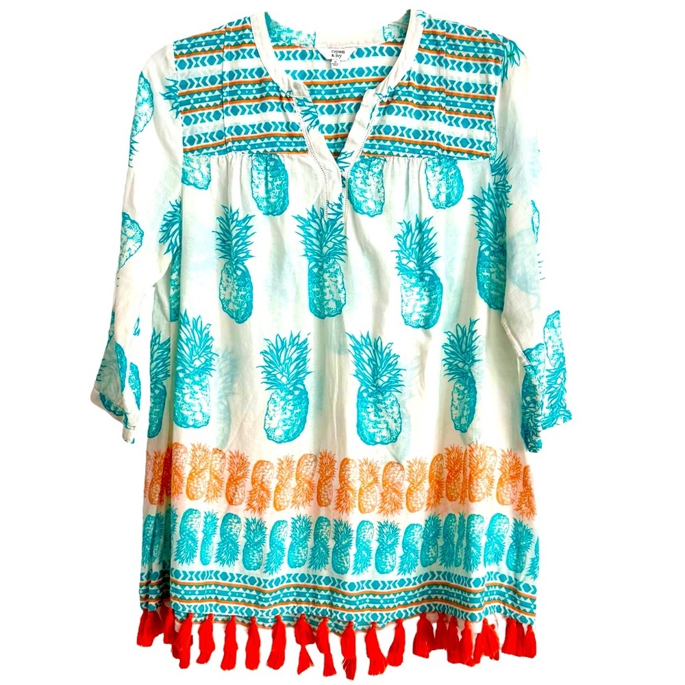 Crown & Ivy Vibrant Turquoise/Orange Patterned Cotton 3/4 Sleeve Tunic/Coverup